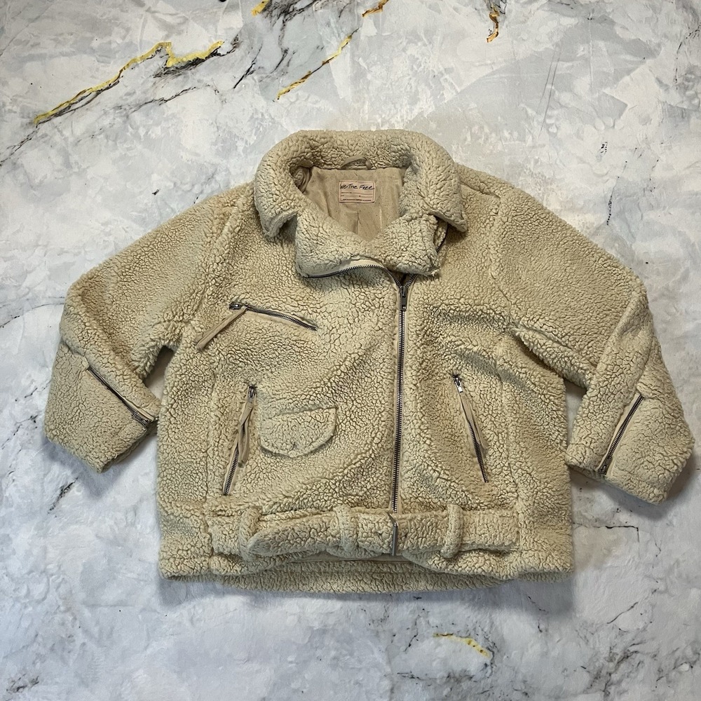 Free People‎ So Cozy Sloucky Moto Faux Fur Cream Jacket Womens Size Large